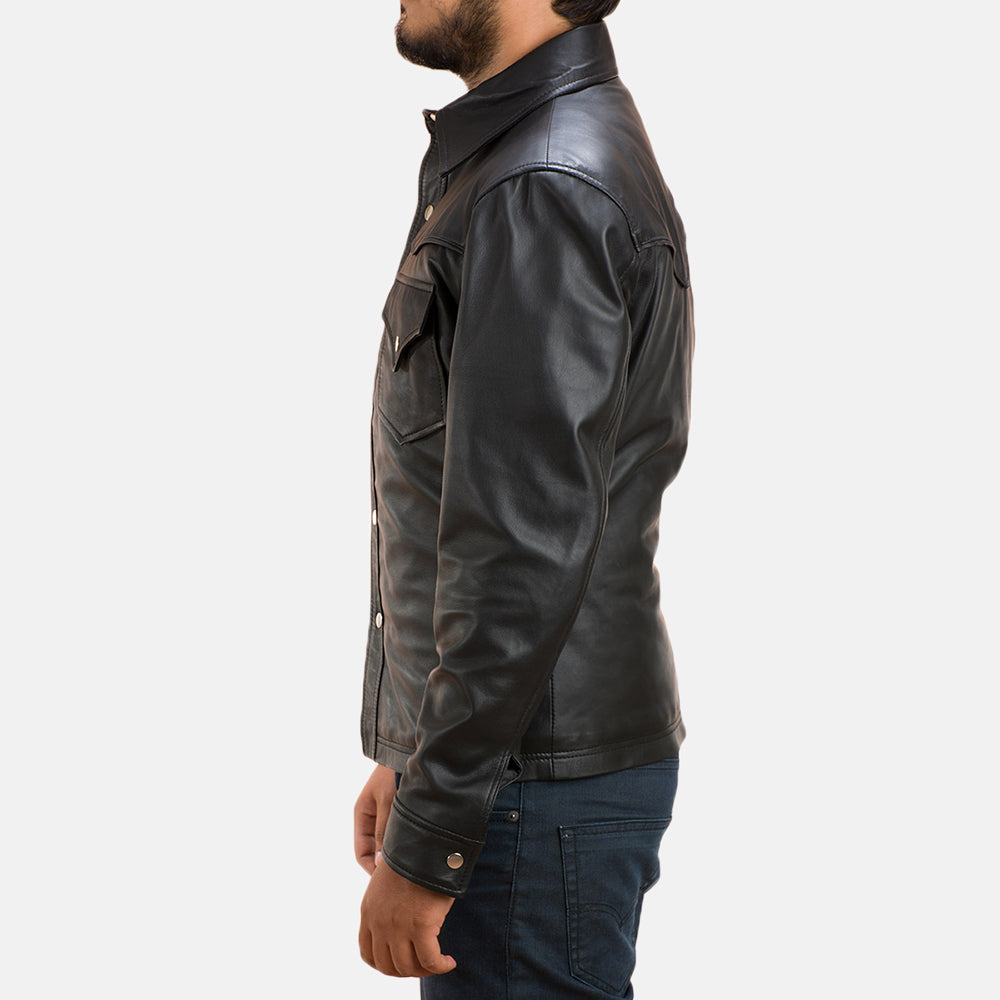 
Close-Up Detail of Shirt & Button Hardware on Men's Ranchson Black Leather Shirt