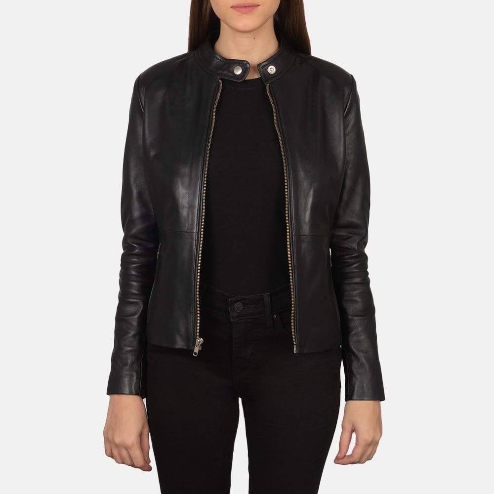 
Styled Fit Perspective of Women's Rave Brown Leather Biker Jacket on Model - Natural Daylight Drape
