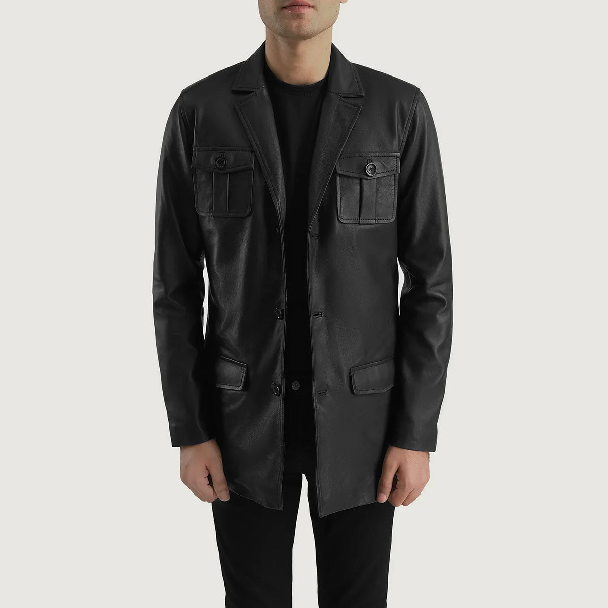
Ray Cutler Black Leather Blazer in Black Sheepskin Leather - Front Profile View & Tailored Silhouette | Buy Online