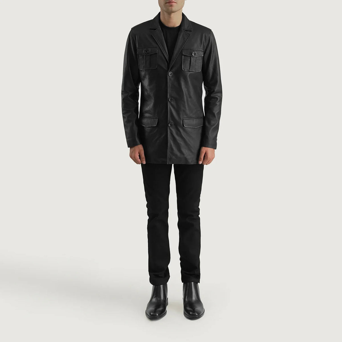 
Ray Cutler Black Leather Blazer - Lateral Side Profile View Showing Sleeve Cut & Athletic Taper Fit