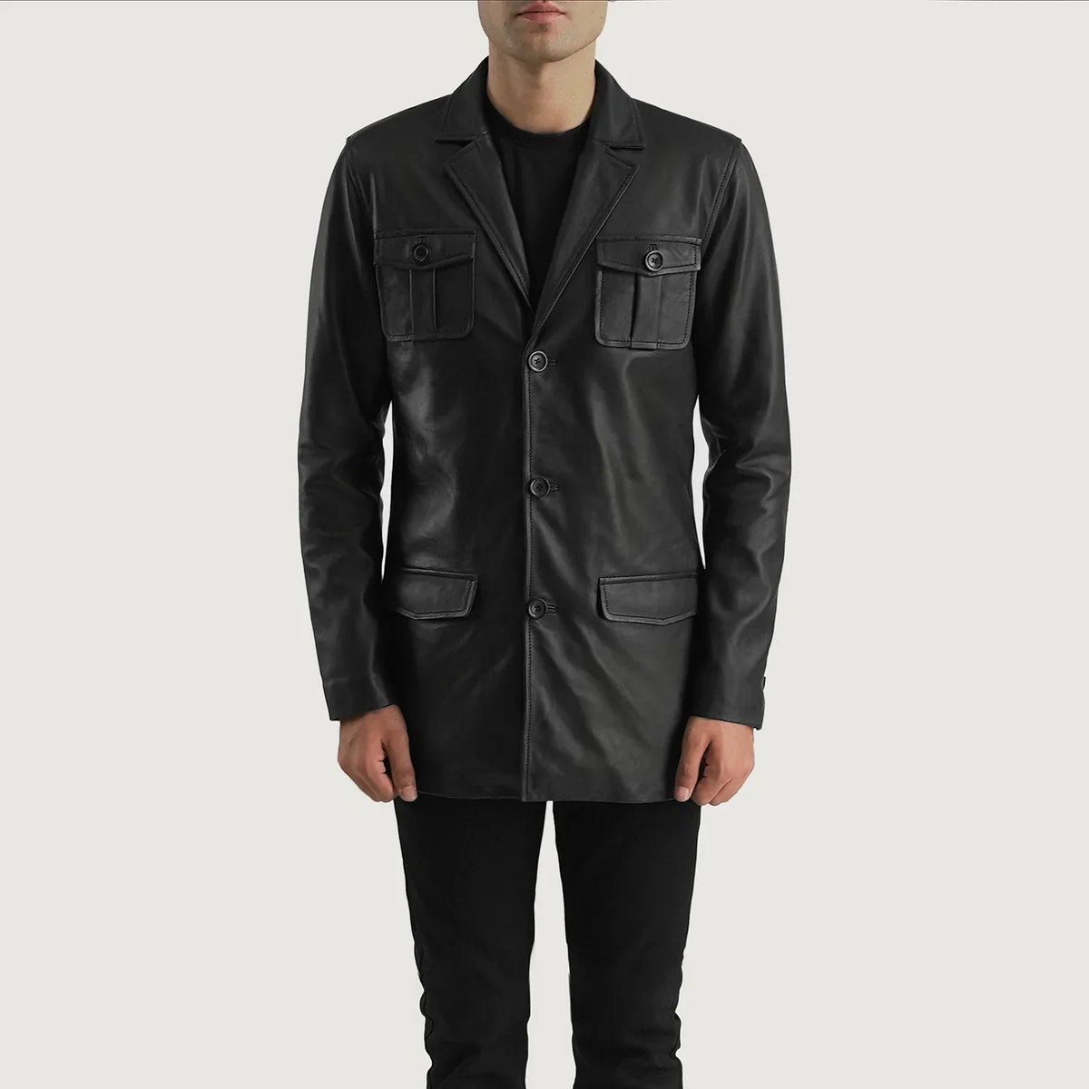 
Close-Up Detail of Band & Button Hardware on Ray Cutler Black Leather Blazer