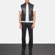 
Men's Roland Black Leather Biker Vest - Lateral Side Profile View Showing Sleeve Cut & Athletic Taper Fit