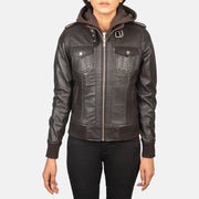 Close-Up Detail of High Neck with Belt &amp; Zipper Hardware on Women's Roslyn Brown Hooded Leather Bomber Jacket