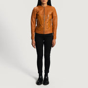 Close-Up Detail of Classic Collar &amp; Zipper Hardware on Women's Sandy Tan Dye Leather Biker Jacket