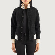 
Women's Sasha A1 Black Suede Bomber Jacket in Black Goatskin Suede - Front Profile View & Tailored Silhouette | Buy Online