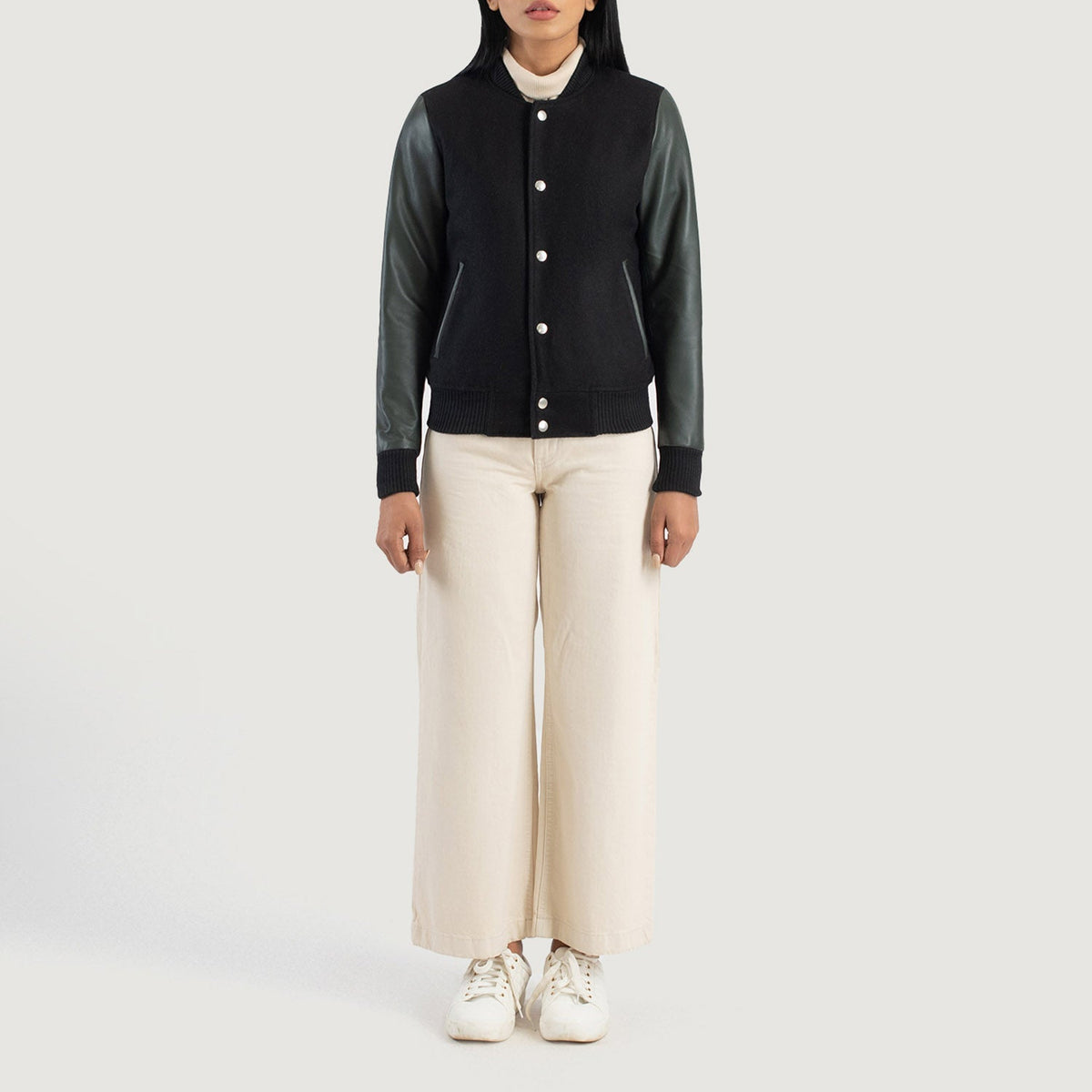 
Savant Green Hybrid Varsity Jacket - Lateral Side Profile View Showing Sleeve Cut & Athletic Taper Fit