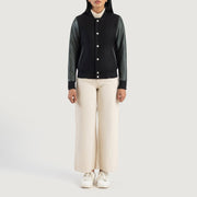
Savant Green Hybrid Varsity Jacket - Lateral Side Profile View Showing Sleeve Cut & Athletic Taper Fit