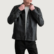 Scout Black Leather Shirt in Black Sheepskin Leather - Front Profile View &amp; Tailored Silhouette | Buy Online