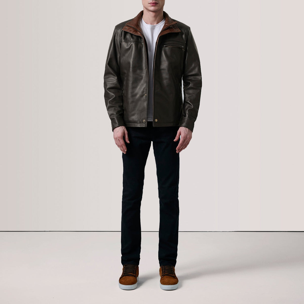 Brown Sheepskin Leather Biker Jacket - Back View Showing Tailored Shoulder Fit &amp; Clean Hemline