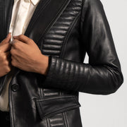 Women's Selina Black Leather Blazer - Lateral Side Profile View Showing Sleeve Cut &amp; Athletic Taper Fit