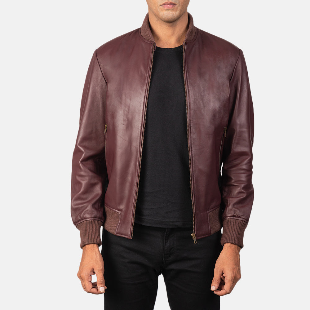 
Men's Shane Maroon Leather Bomber Jacket in Maroon Sheepskin Leather - Front Profile View & Tailored Silhouette | Buy Online