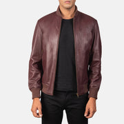 
Men's Shane Maroon Leather Bomber Jacket in Maroon Sheepskin Leather - Front Profile View & Tailored Silhouette | Buy Online