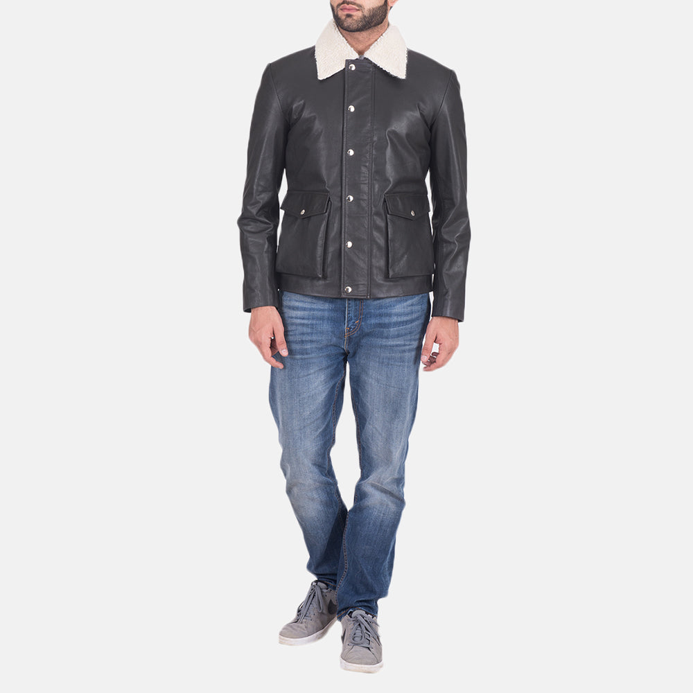 Close-Up Detail of Shirt style Faux Shearling Collar &amp; Zipper + Button Flap Hardware on Men's Snow Cole Black Leather Jacket