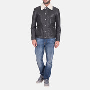 Close-Up Detail of Shirt style Faux Shearling Collar &amp; Zipper + Button Flap Hardware on Men's Snow Cole Black Leather Jacket