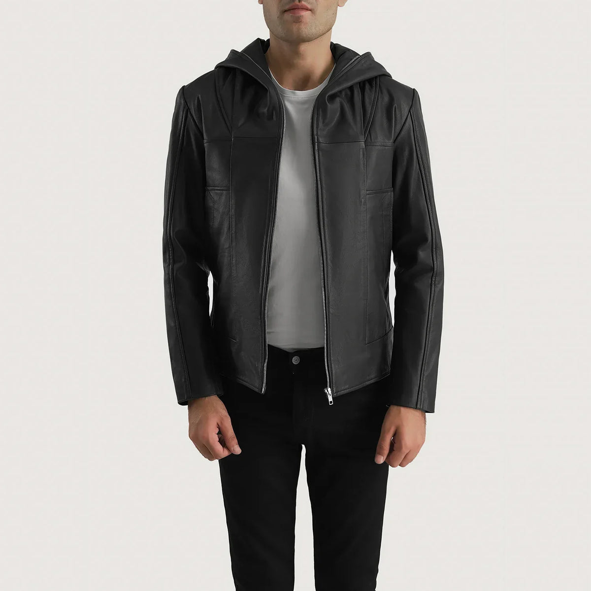 
Men's Spratt Black Hooded Leather Jacket in Black Goatskin Leather - Front Profile View & Tailored Silhouette | Buy Online