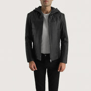 
Men's Spratt Black Hooded Leather Jacket in Black Goatskin Leather - Front Profile View & Tailored Silhouette | Buy Online