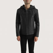 
Black Goatskin Leather Hooded Jacket - Back View Showing Tailored Shoulder Fit & Clean Hemline