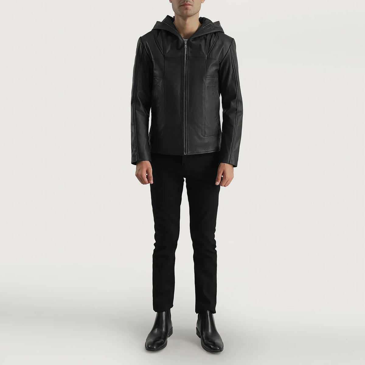 
Close-Up Detail of Hooded & Zipper Hardware on Men's Spratt Black Hooded Leather Jacket