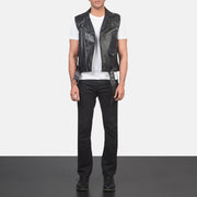 Men's Sullivan Black Leather Biker Vest - Lateral Side Profile View Showing Sleeve Cut &amp; Athletic Taper Fit