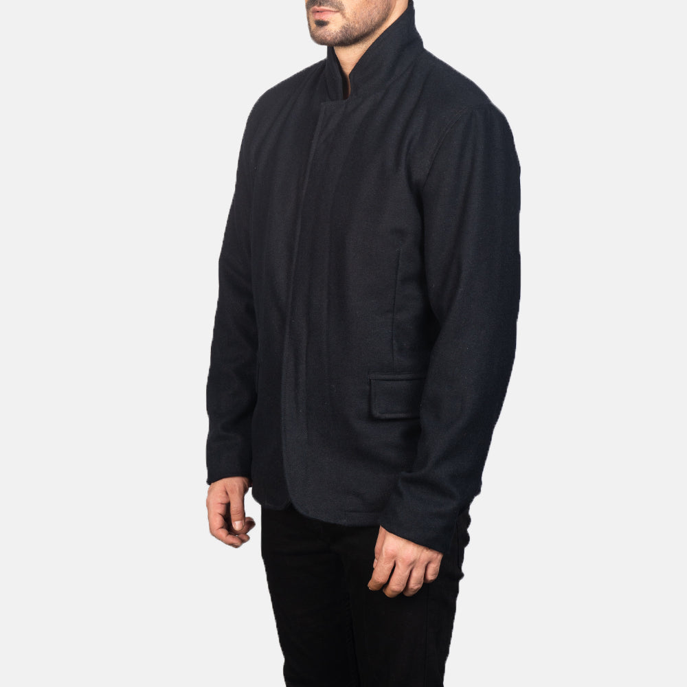
Black Synthetic Wool Winter Jacket - Back View Showing Tailored Shoulder Fit & Clean Hemline