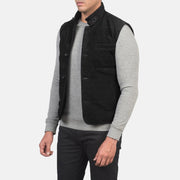 Black Goatskin Suede Leather Vest - Back View Showing Tailored Shoulder Fit &amp; Clean Hemline