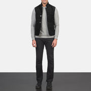 Men's Tony Black Suede Vest - Lateral Side Profile View Showing Sleeve Cut &amp; Athletic Taper Fit
