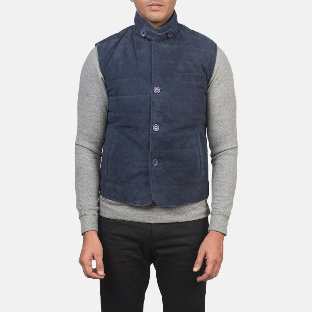 Close-Up Detail of Notch with removable throat latch &amp; Button Hardware on Men's Tony Blue Suede Vest