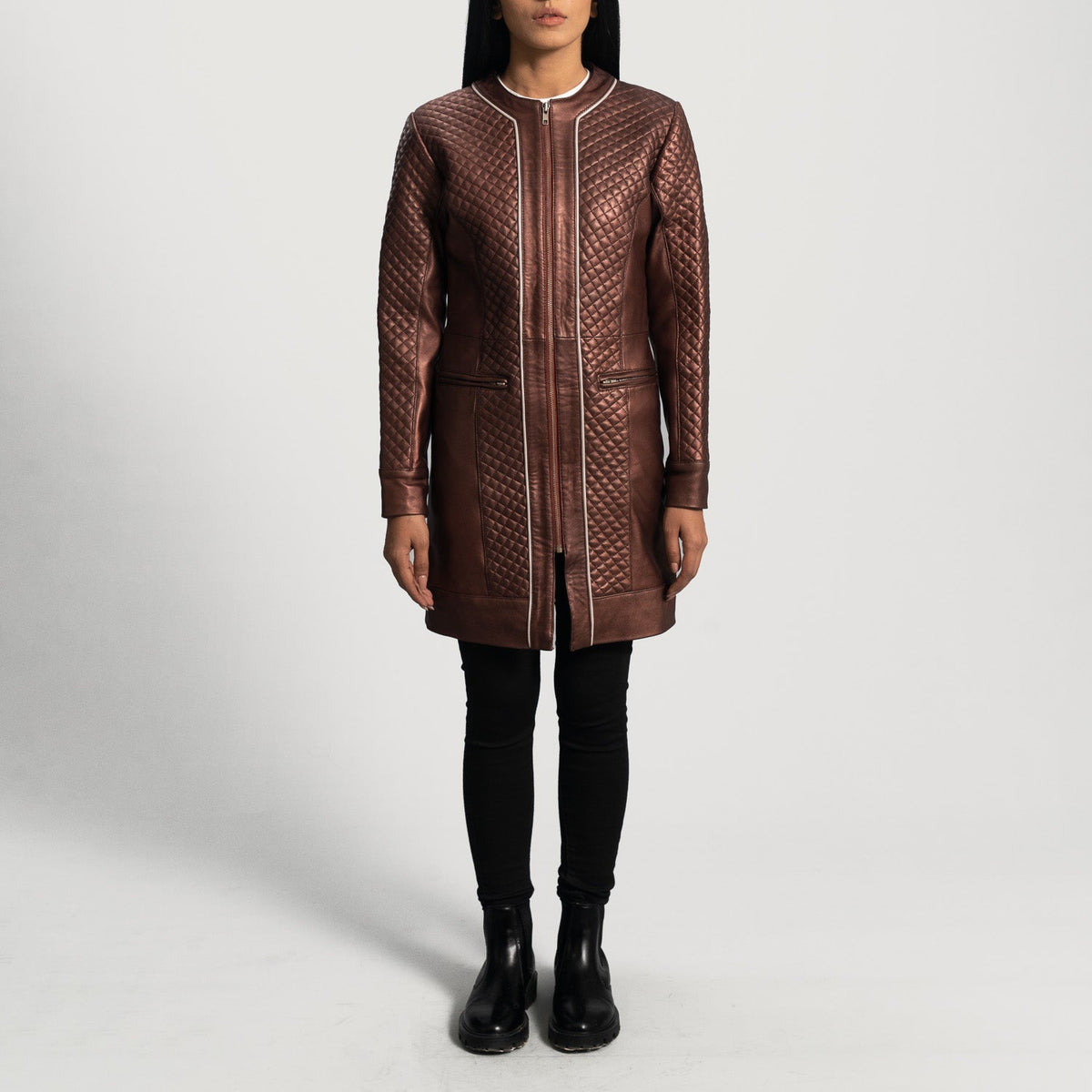 
Women's Trudy Lane Quilted Maroon Leather Coat - Lateral Side Profile View Showing Sleeve Cut & Athletic Taper Fit
