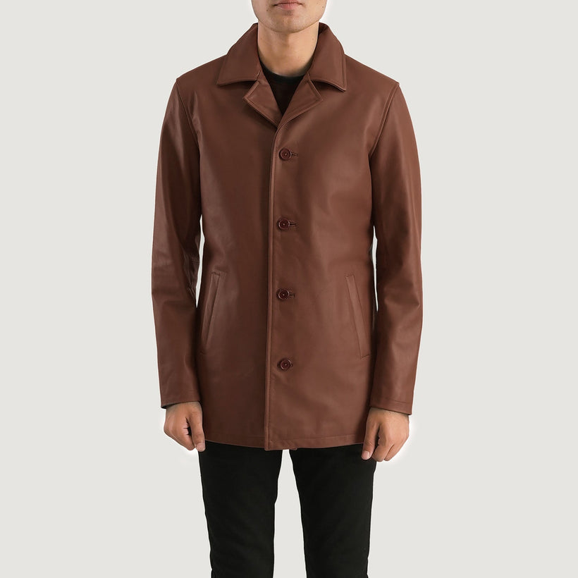 Urban Slate Brown Leather Coat in Brown Cowhide Leather - Front Profile View & Tailored Silhouette | Buy Online