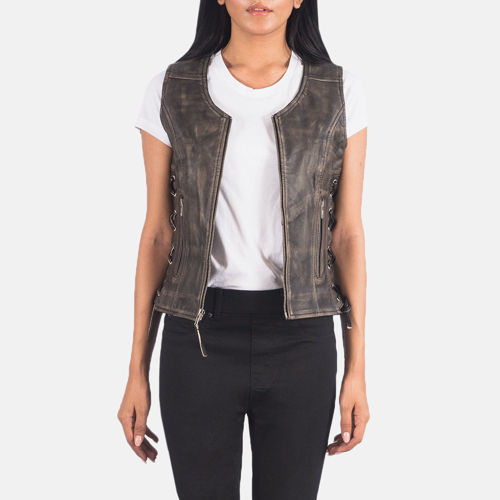
Women's Vanda Distressed Brown Leather Biker Vest in Distressed Brown Goatskin Leather - Front Profile View & Tailored Silhouette | Buy Online