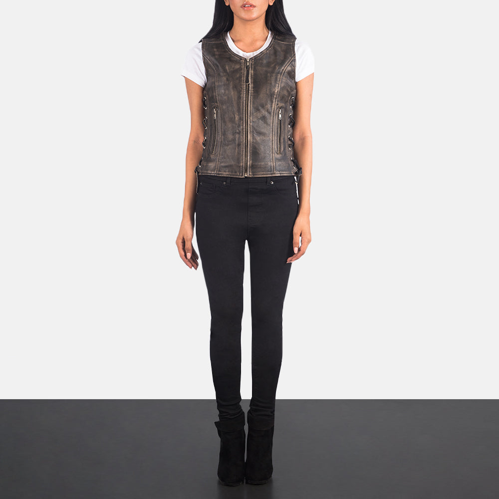 
Women's Vanda Distressed Brown Leather Biker Vest - Lateral Side Profile View Showing Sleeve Cut & Athletic Taper Fit