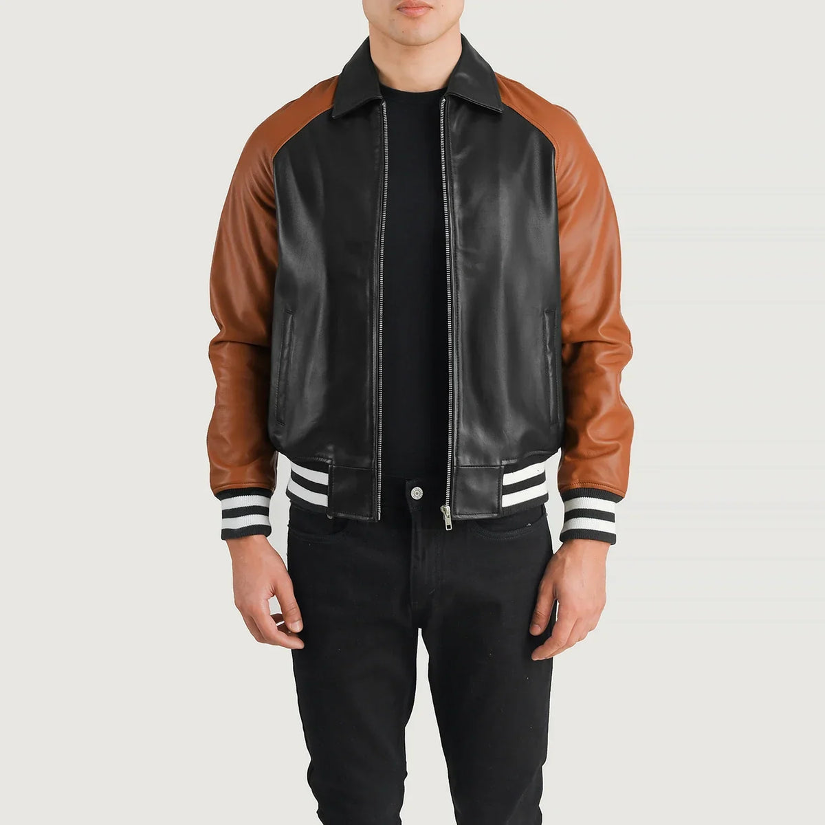 
Walton Blue Leather Varsity Jacket in Blue Sheepskin Leather - Front Profile View & Tailored Silhouette | Buy Online