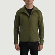 
Close-Up Detail of Classic Collar & Zipper With Inside Wind Flap. Hardware on Wesley Green Hooded Windbreaker Jacket