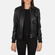
Women's Westa A-2 Black Leather Bomber Jacket in Black Sheepskin Leather - Front Profile View & Tailored Silhouette | Buy Online