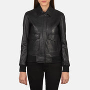 
Close-Up Detail of Shirt & Zipper with Button Flap Hardware on Women's Westa A-2 Black Leather Bomber Jacket