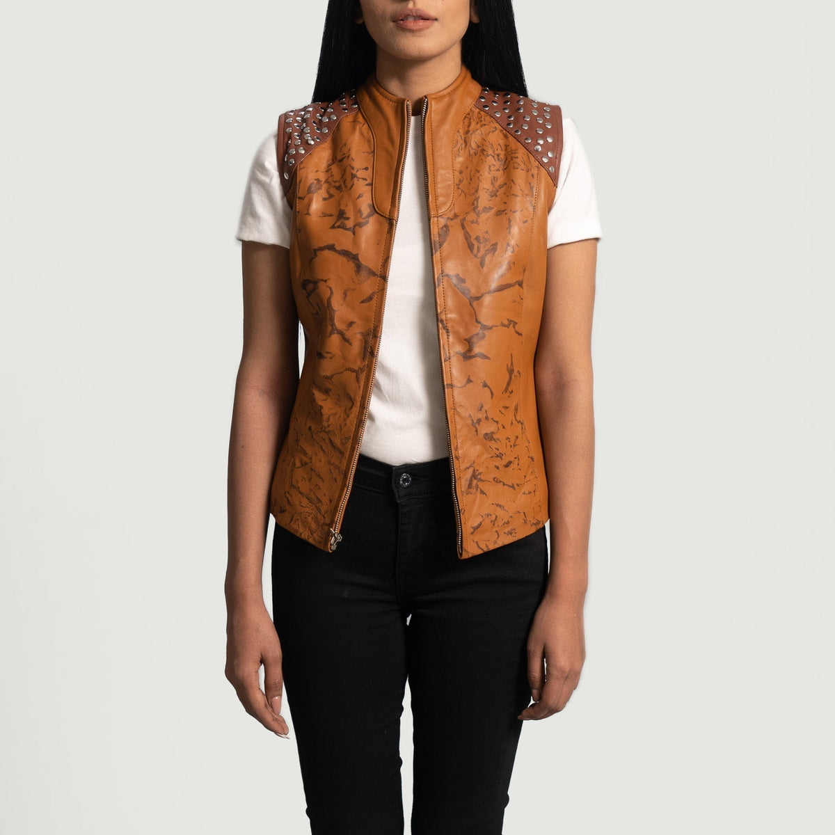 
Women's Westina Tan Dye Leather Vest - Lateral Side Profile View Showing Sleeve Cut & Athletic Taper Fit