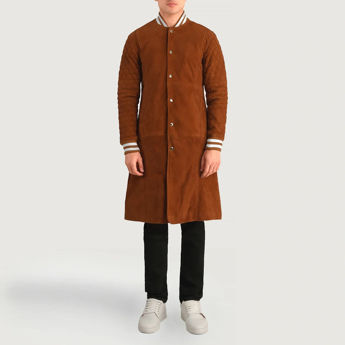 
Wilde Brown Suede Varsity Coat - Lateral Side Profile View Showing Sleeve Cut & Athletic Taper Fit