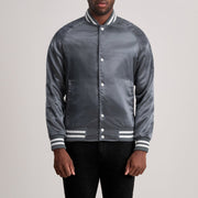 Xander Grey Varsity Jacket in Grey Satin - Front Profile View &amp; Tailored Silhouette | Buy Online
