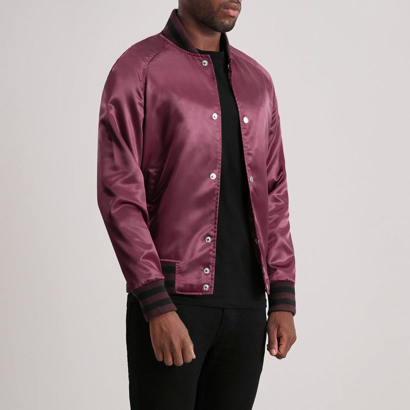 Maroon Satin Varsity Jacket - Back View Showing Tailored Shoulder Fit & Clean Hemline