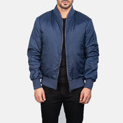 Men's Zack Blue Bomber Jacket in Blue Nylon - Front Profile View &amp; Tailored Silhouette | Buy Online