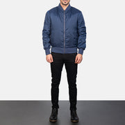 Men's Zack Blue Bomber Jacket - Lateral Side Profile View Showing Sleeve Cut &amp; Athletic Taper Fit