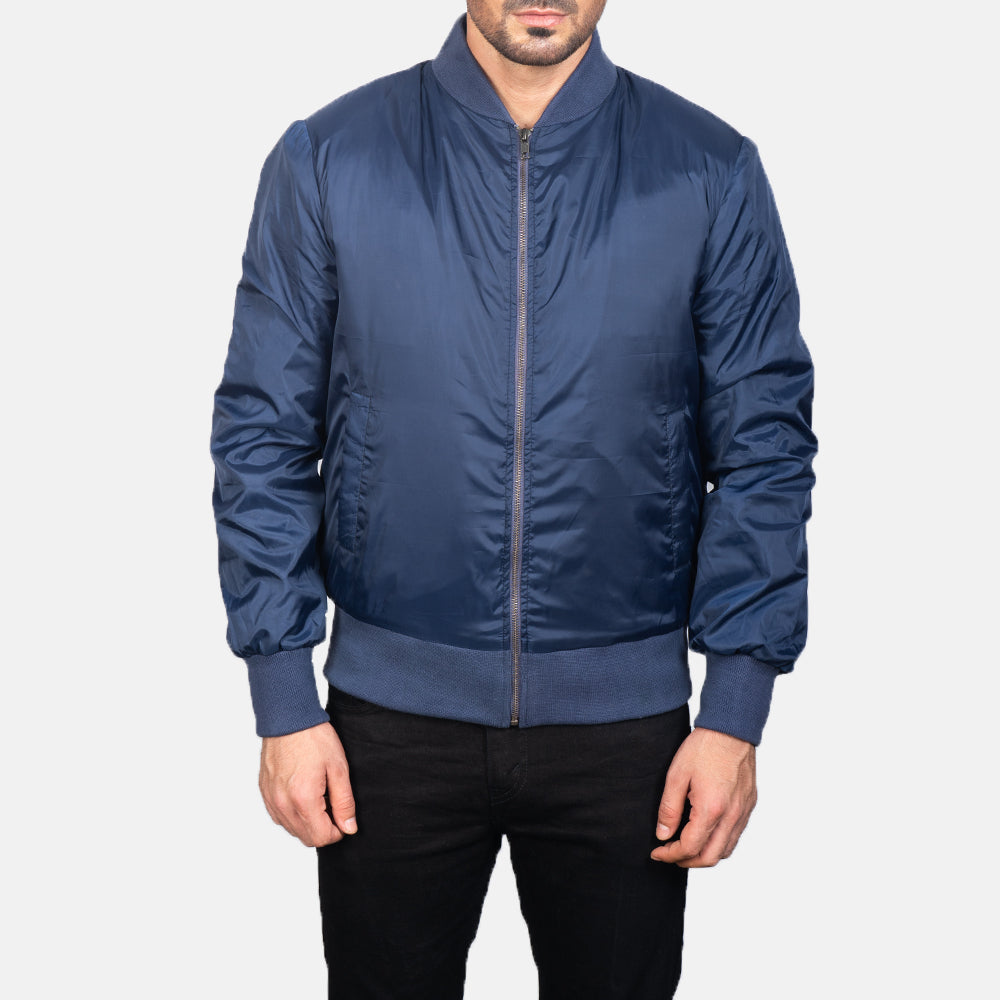 Close-Up Detail of Varsity &amp; Zipper Hardware on Men's Zack Blue Bomber Jacket