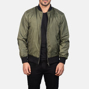 Men's Zack Green Bomber Jacket in Green Nylon - Front Profile View &amp; Tailored Silhouette | Buy Online