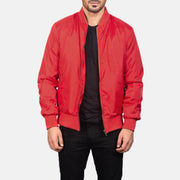 Men's Zack Red Bomber Jacket in Red Nylon - Front Profile View &amp; Tailored Silhouette | Buy Online