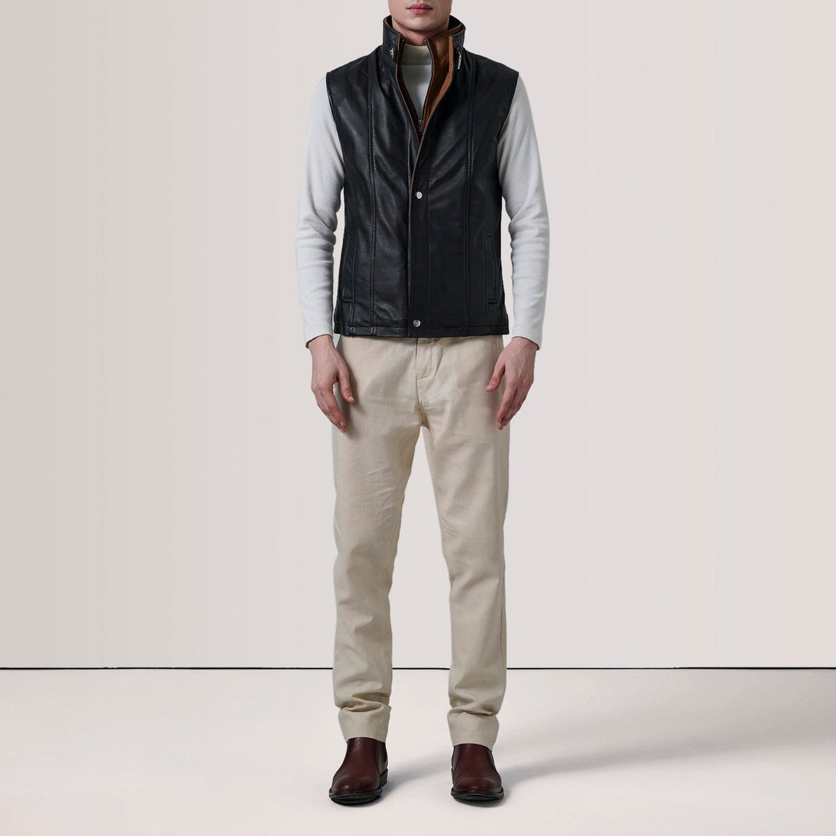
Grey Goatskin Suede Leather Vest - Back View Showing Tailored Shoulder Fit & Clean Hemline