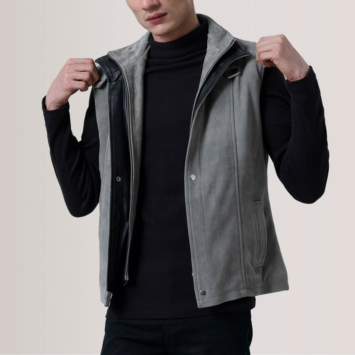 
Tailored Rib Cuffs & Hem Craftsmanship Construction Detail on Zane Grey Suede Vest For Men