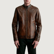 Zen Distressed Brown Leather Biker Jacket - Lateral Side Profile View Showing Sleeve Cut &amp; Athletic Taper Fit