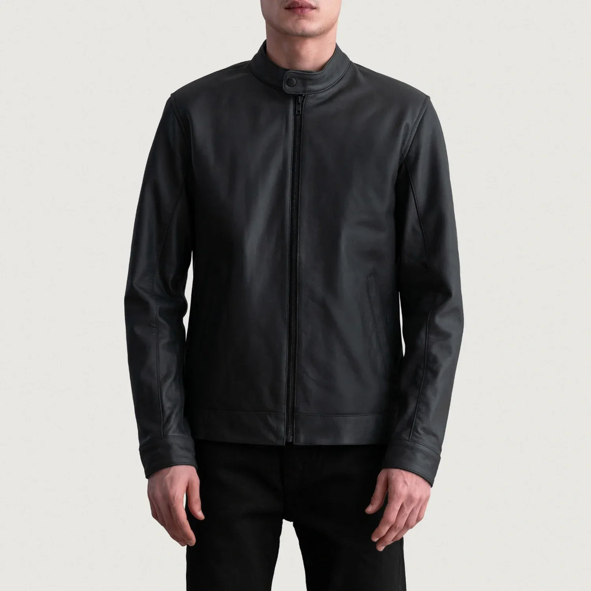 
Zen Matte Black Leather Biker Jacket - Lateral Side Profile View Showing Sleeve Cut & Athletic Taper Fit