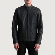 
Zen Matte Black Leather Biker Jacket - Lateral Side Profile View Showing Sleeve Cut & Athletic Taper Fit