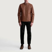 Close-Up Detail of Snap Button &amp; Zipper Hardware on Zen Matte Brown Leather Biker Jacket
